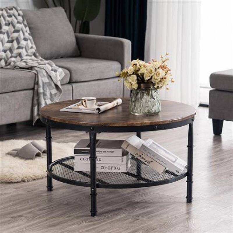 31.89in Double-layer Round Brown PVC Density Board Panel Black Base with Silver Pattern Powder-coated Iron Frame Coffee Table