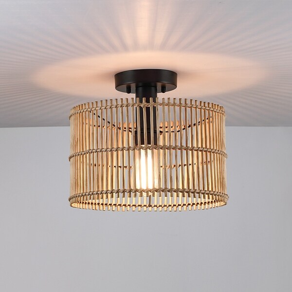True Fine Eclectic Natural Rattan and Bamboo Semi Flush Mount Ceiling Light with Black Hardware 11.8 W On Sale Bed Bath Beyond 36406615