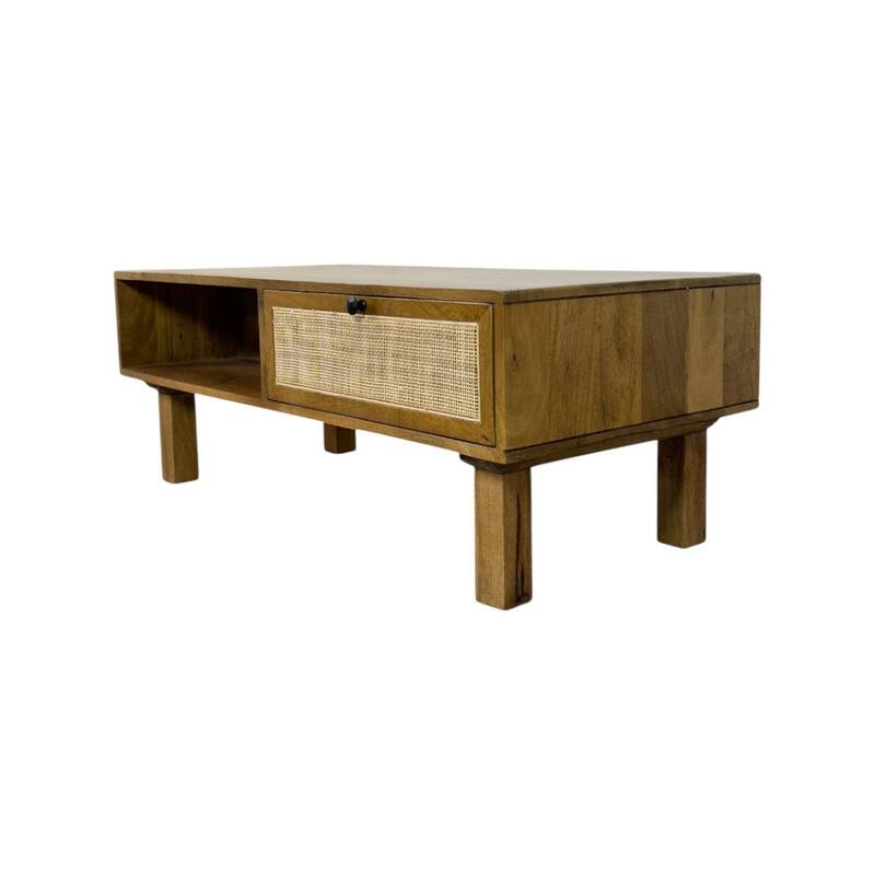Haven Acacia Wood Coffee Table with Dual Storage Compartments - Rectangular Blonde Finish, Cane Trim Drawer, Open Cubby Table - Natural