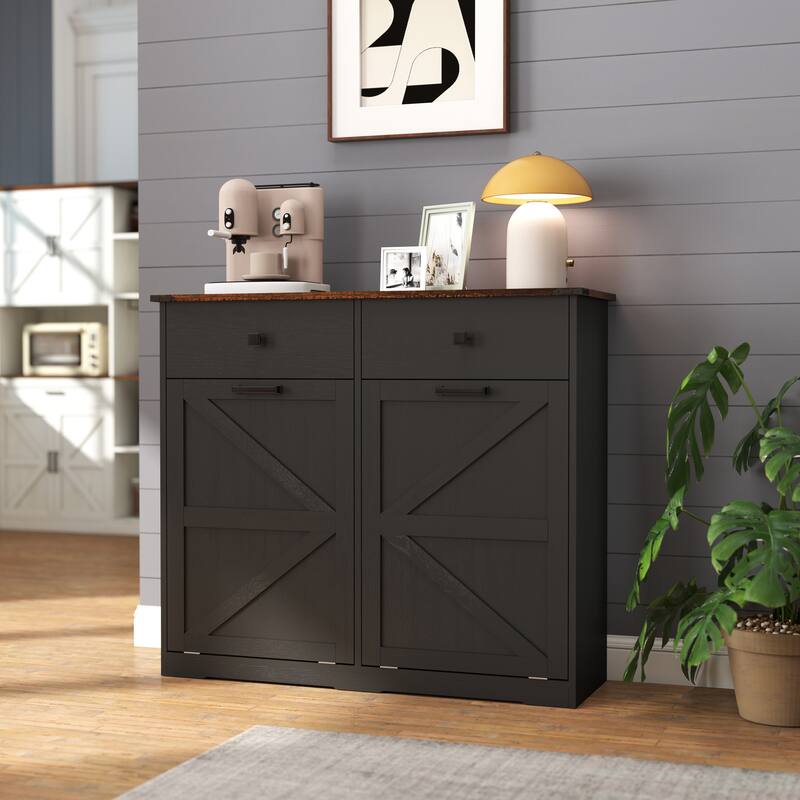 Farmhouse Double Tilt Out Trash Cabinet, Free Standing Recycling Cabinet with Hideaway Drawer, Barn Door Laundry Sorter Cabinet - Black