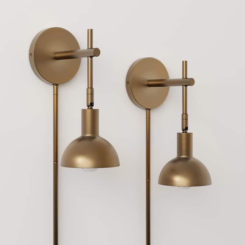 Nathan James Tamlin Wall Mounted Armed Sconce 1-Light Fixture with Plugin and On/Off Switch - Brass Set of 2
