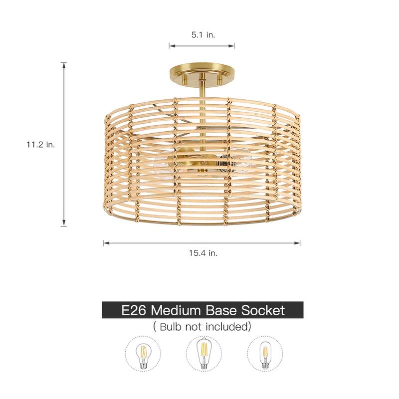 2-Light Bohemian Rattan Semi-Flush Mount Ceiling Light