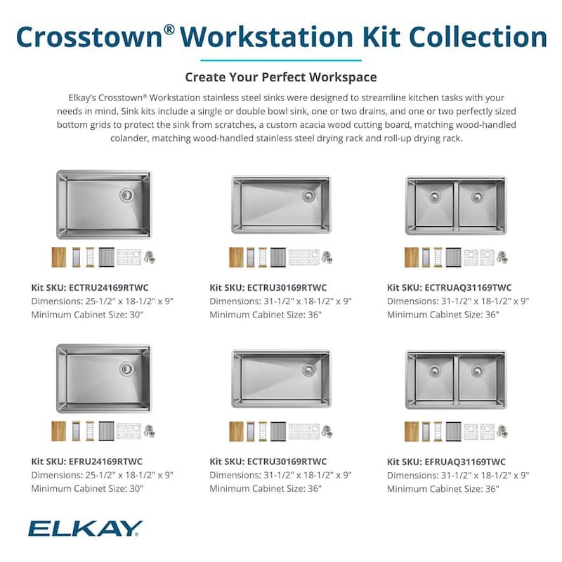 Elkay Crosstown Workstation Stainless Steel, 25-1/2" x 18-1/2" x 9" Single Bowl Undermount Sink Kit