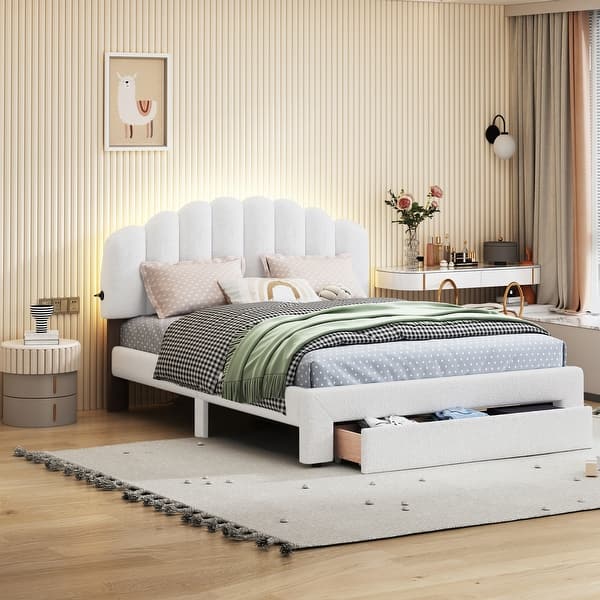 slide 2 of 11, Queen Size Upholstered Platform Bed with Storage Drawer and LED Lights