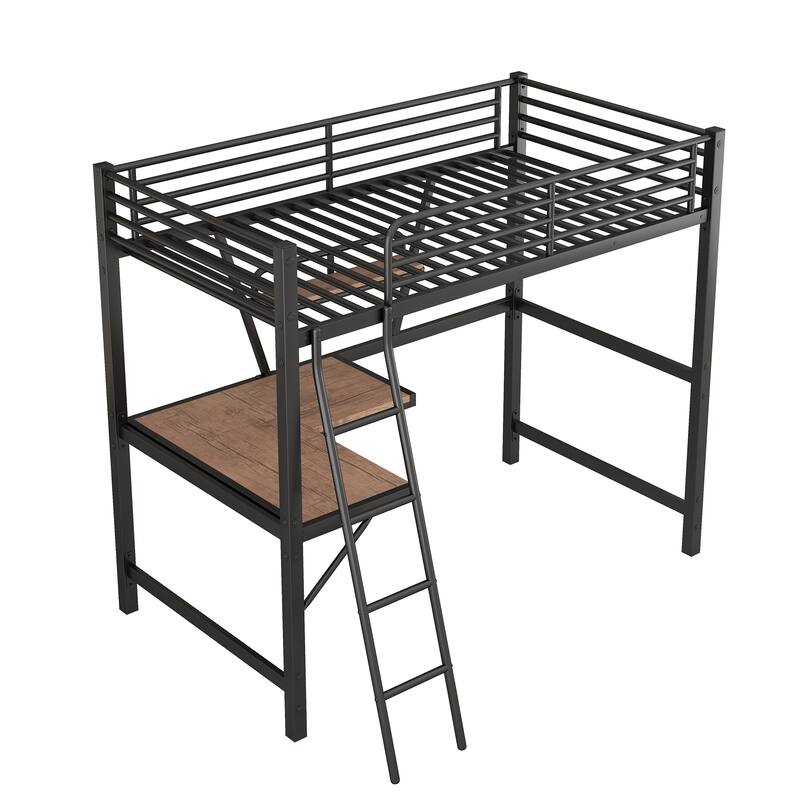 Black Metal Loft Bed with Integrated Desk, Shelf, and Full-Length Guardrail