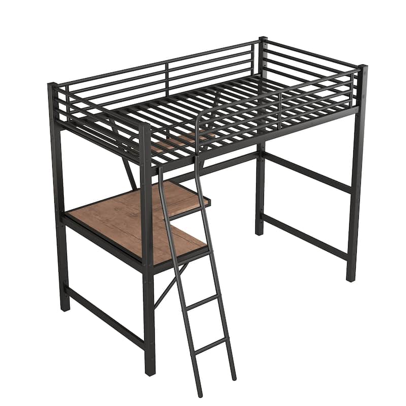 Metal Loft Bed with Integrated Desk, Shelf, and Full-Length Guardrail