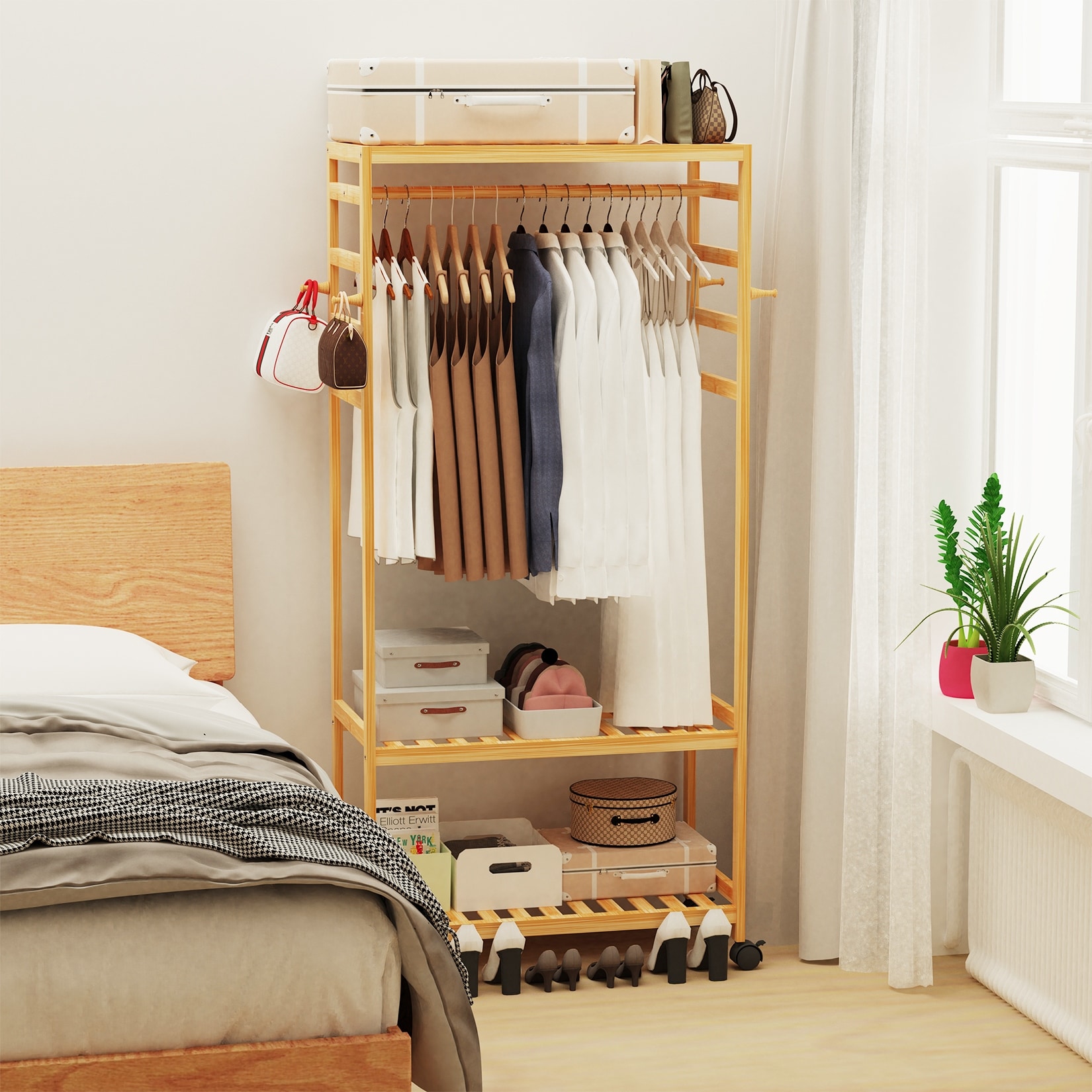 Bamboo Rolling Clothes Rack with Storage Shelves and Hanging Rod - W 30.9" x D 15.75" x H 66.34"