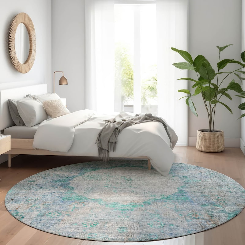 Machine Washable Indoor/ Outdoor Chantille Vintage Traditional Rug - Teal - 8' x 8'
