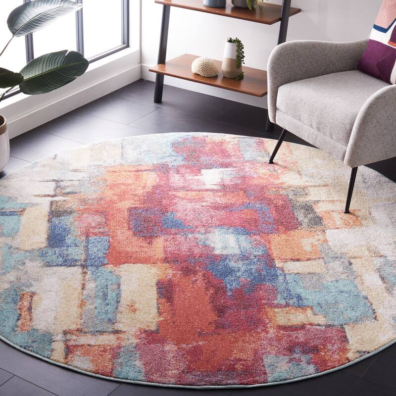 SAFAVIEH Phoenix Verda Modern Abstract Rug - 6'7" Round - Rust Blue/Ivory