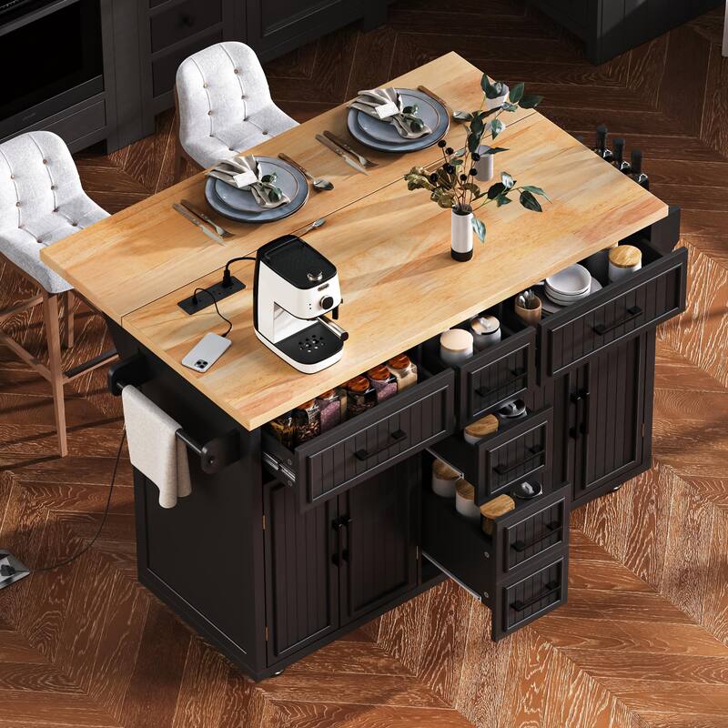 56.5" Kitchen Island with Drop Leaf, Power Outlet, Embossed Vertical Stripe Rolling Kitchen Cart on Wheels with 5 Drawers