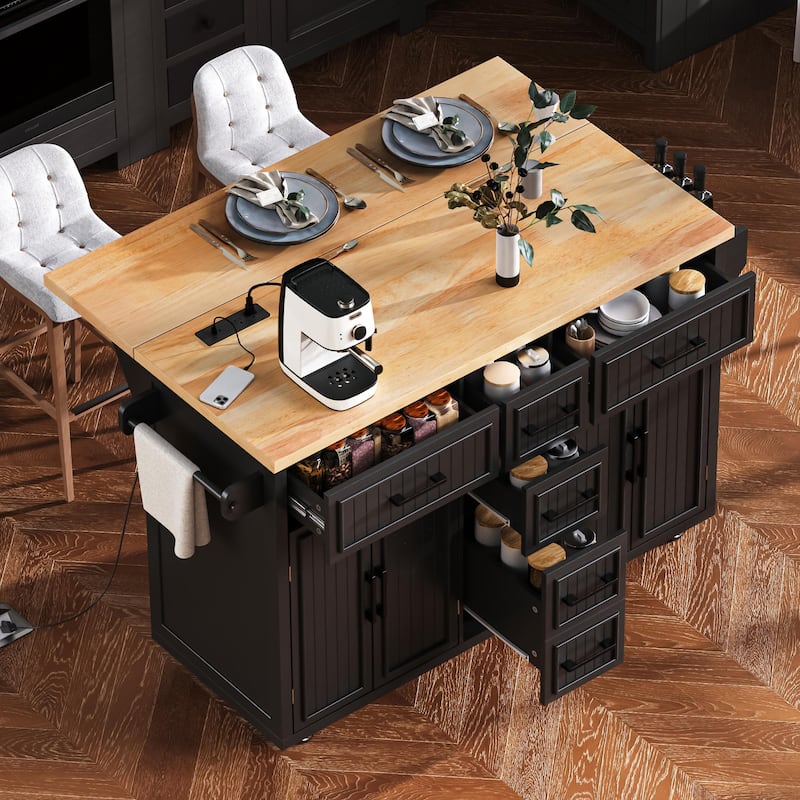 Large Kitchen Island with Drop Leaf Rolling Kitchen Cart with Drawers