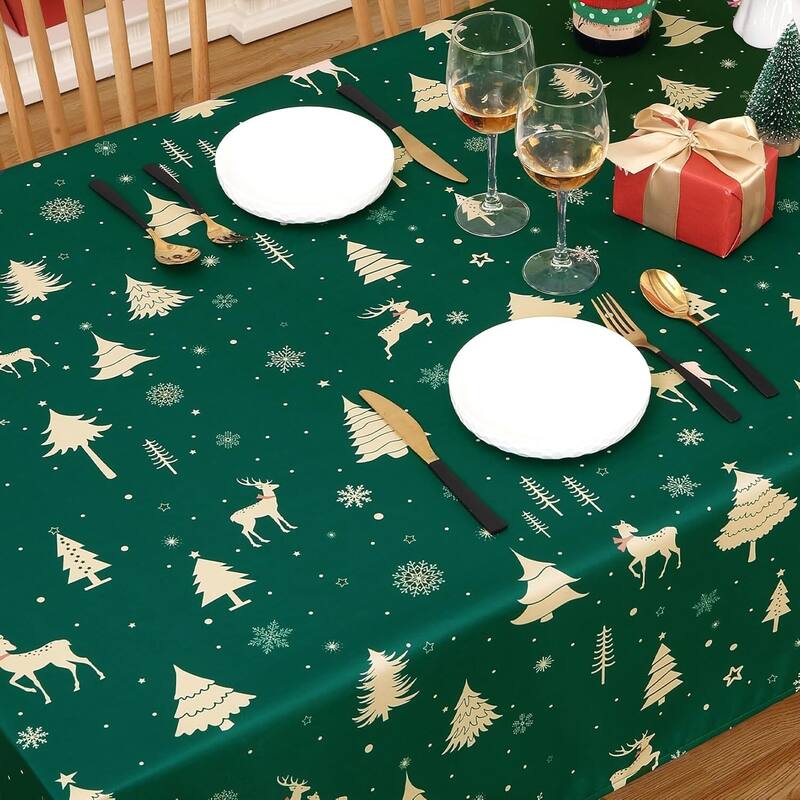 Christmas Rectangular Tablecloth Waterproof Holiday Xmas Decor, Green