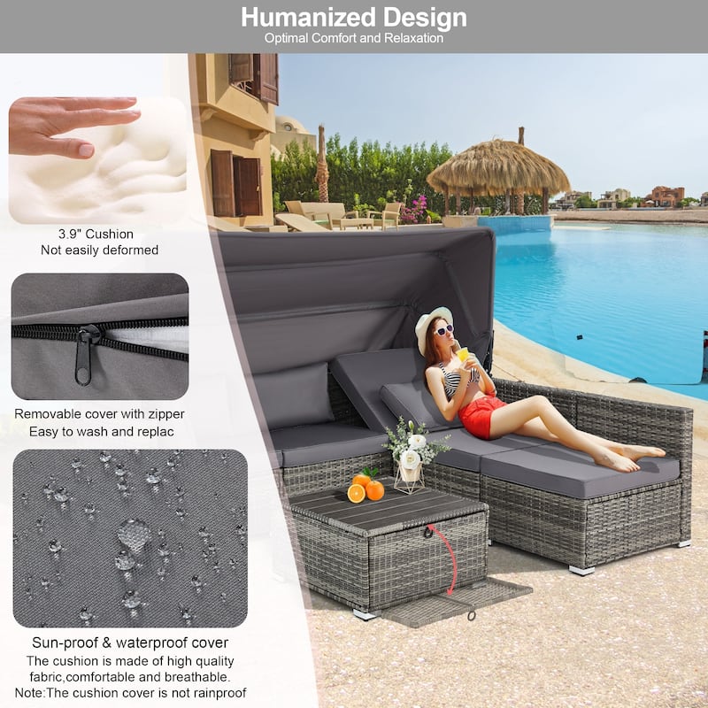 EROMMY 6-Piece Patio Furniture Set, Rattan Daybed with Canopy and Adjustable Backrest