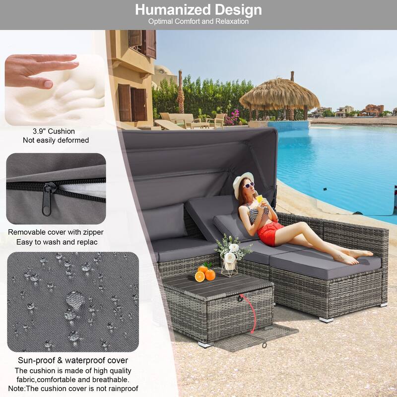 Erommy 6-Piece Patio Set - Rattan Daybed with Canopy & Adjustable Backrest