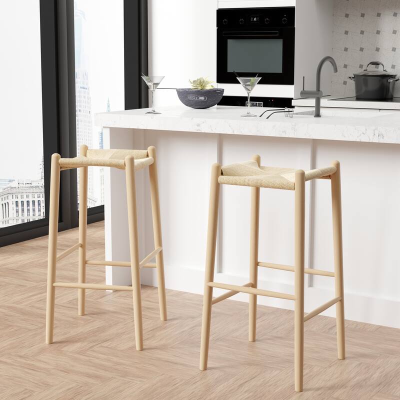 Evelina Counter Stool without Backrest with Natural Frame and Rush Seat - Set of 1