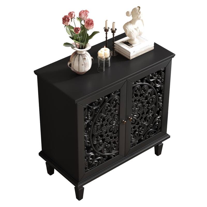 Roomfitters 2-Door Hollow-Carved Accent Cabinet, Symmetrical Floral Sideboard with Adjustable Shelf