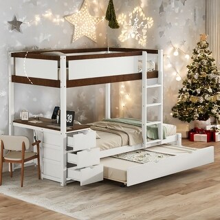 Twin-over-Twin Bunk Bed with Twin size Trundle, Storage and Desk,
