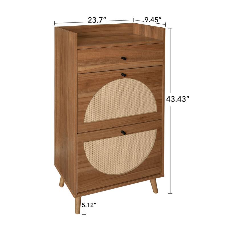 Entryway Shoe Storage Cabinet, Freestanding Rattan Shoe Rack, Shoe Organizer with 2 Flip Drawers & 1 Pull-Out drawer