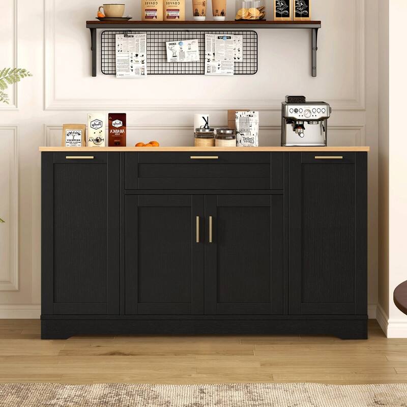 53.7" Kitchen Island Storage with 3-Tier Pull-Out Rack and Adjustable Shelves for Kitchen, Dining Room - Black