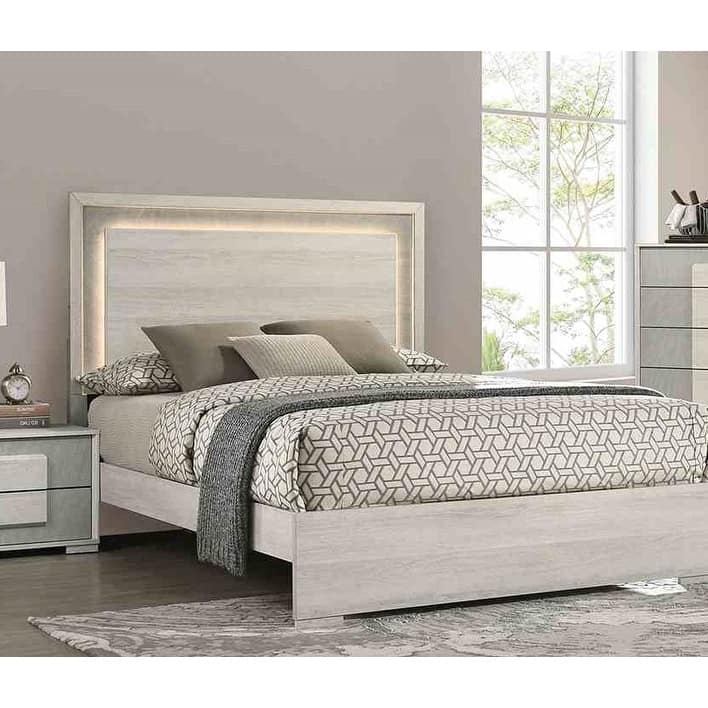 1pc Contemporary White Wash Finish LED Headboard Bed