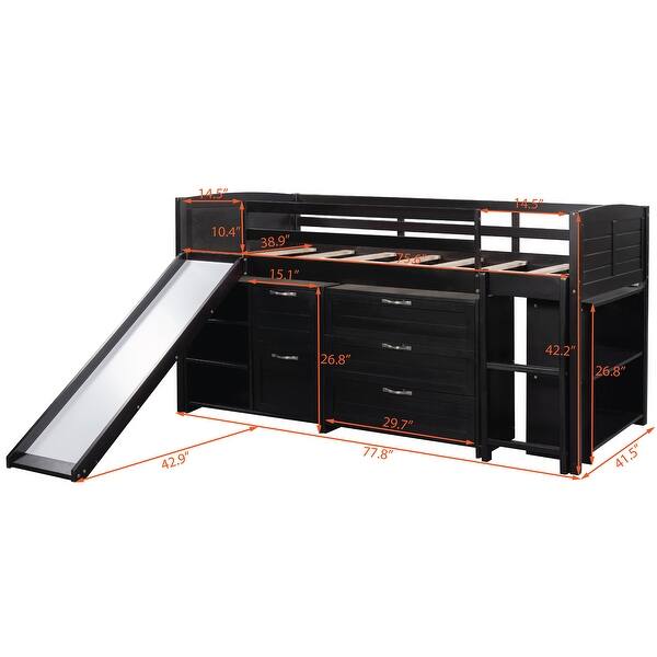 Low Twin Size Loft Bed with Cabinets Shelves and Slide, Pinewood Frame ...