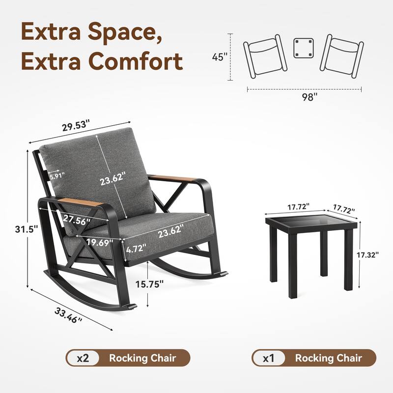 2-person Outdoor Rocking Chair Set With Table And Cushions