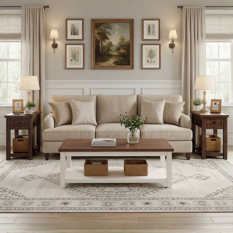 Farmhouse End Table with Wood Drawers and Charging Station, Sofa Side Table, Nightstand