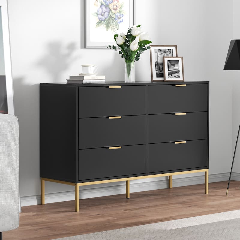 Anmytek Modern 6-Drawer Double Dresser Black Wood Chest of Drawers Storage Organizer for Bedroom