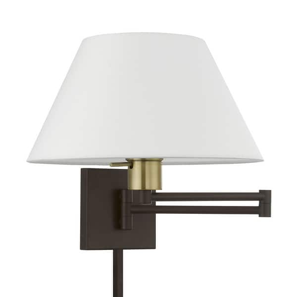slide 2 of 14, Livex Lighting 1-Light Off-White Shade Swing Arm Wall Lamp, 40039 13"W x 12"H x 25"D - Bronze
