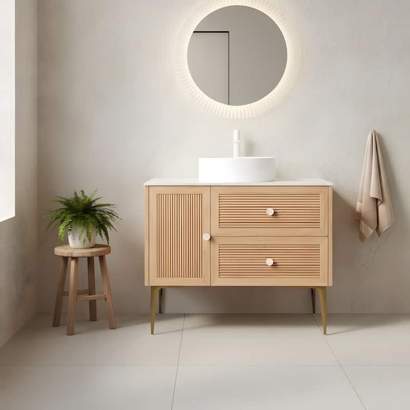 Freestanding Bathroom Vanity with Round Ceramic Basin - 36 - Oak+White