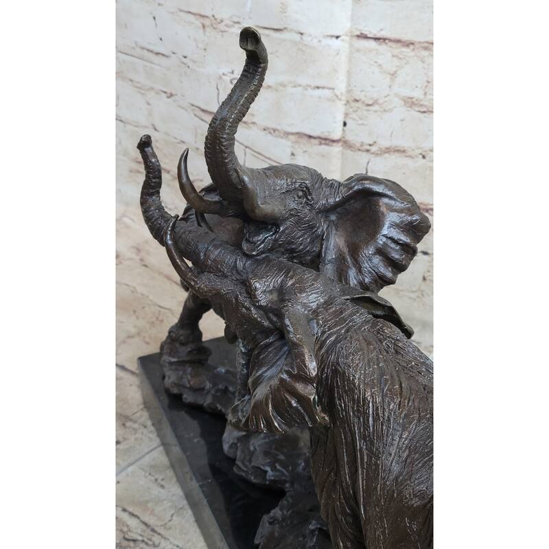 Imitative Elephants In Battle Bronze Sculpture Hot Cast Marble Base Figurine Wild Life Art
