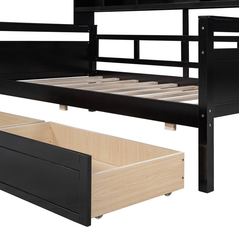 Twin/Full Size Daybed, Solid Wood Platform Sofa Bed Frame with Built In Bookshelves and Two Drawers
