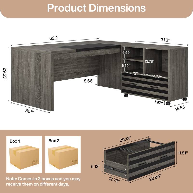 62.2" Executive Desk with Mobile File Cabinet, L-Shaped Office Desk for Home Office