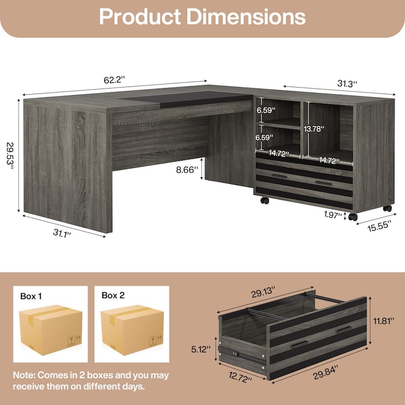 Large Executive Desk with Mobile File Cabinet, 62.2" L-Shaped Office Desk Business Workstation Set