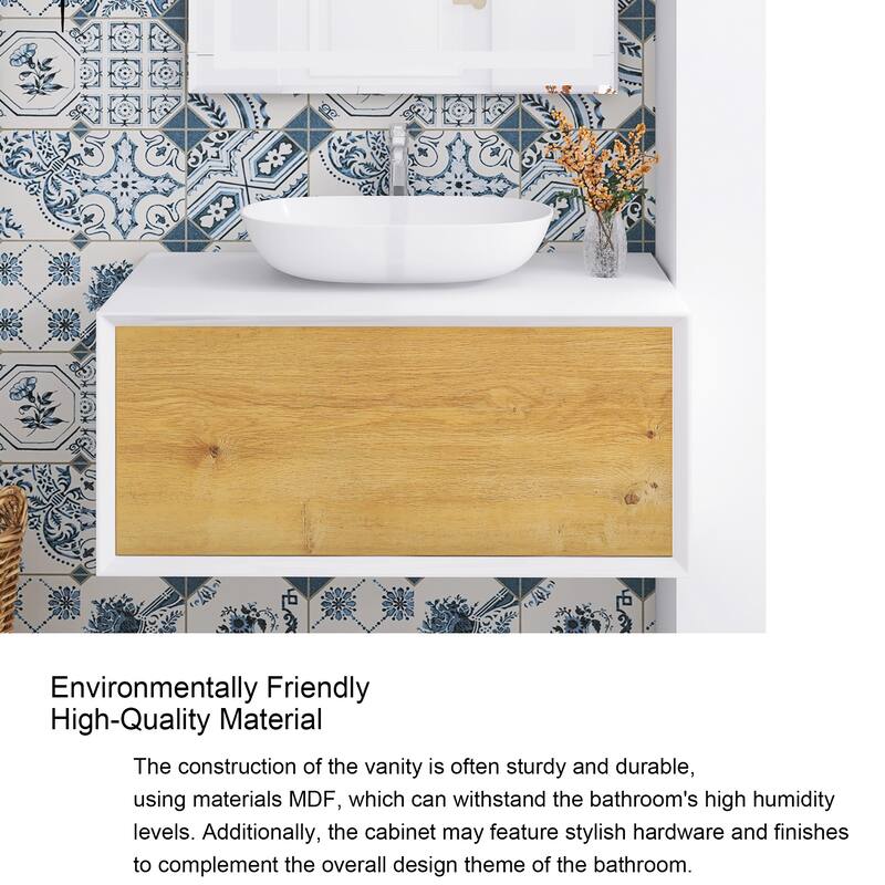 Floating Bathroom Vanity with Solid surface Top in F.OAK and Matte White