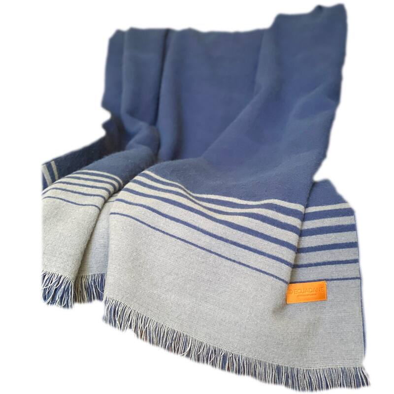 HomeRoots Blue and Gray Woven Microfiber Striped Throw Blanket with Fringe