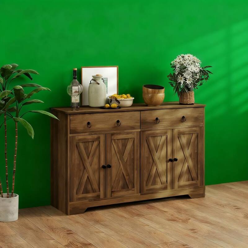 Kitchen Storage Sideboard with Barn Style Doors, Drawers, Adjustable Shelves - Light Brown