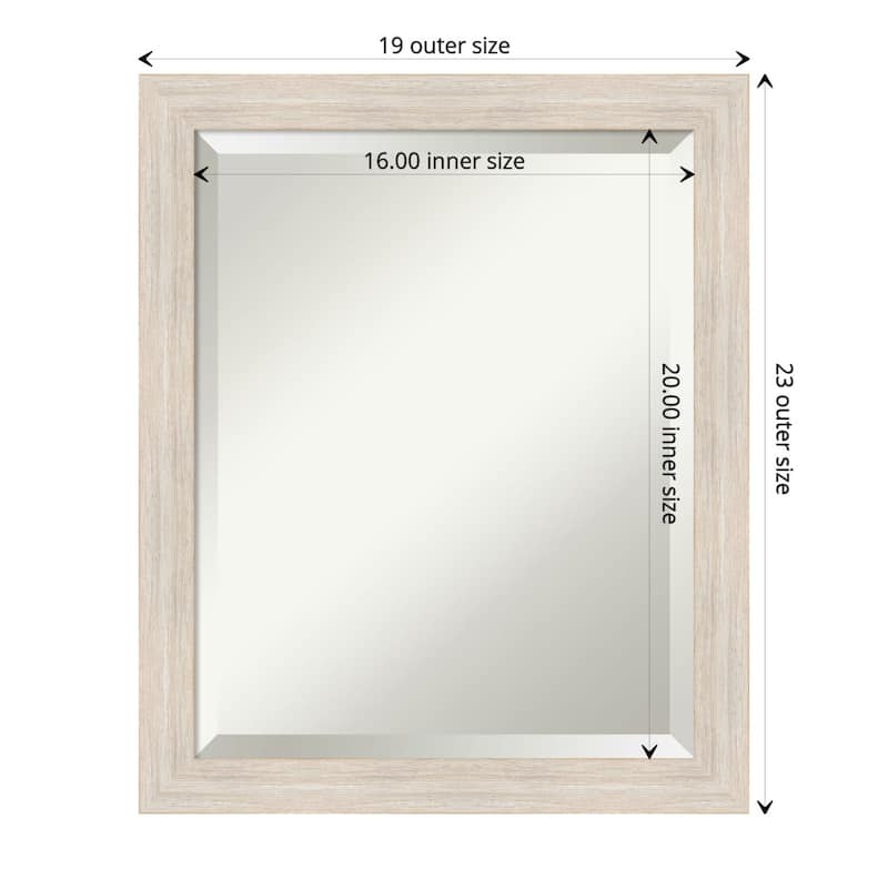 Beveled Wood Bathroom Wall Mirror - Hardwood Whitewash Narrow Frame - Hardwood White Wash Narrow - Outer Size: 19 x 23 in
