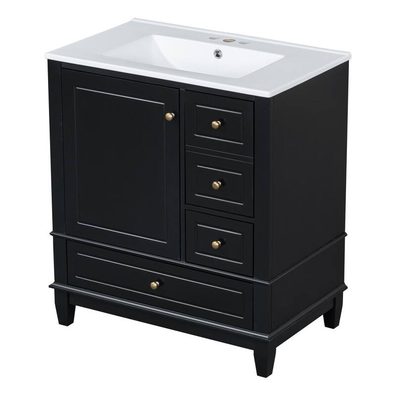30" Bathroom Vanity with Ceramic Sink, Freestanding Bathroom Vanity Cabinet w/ 3 Storage Drawers, 1 Soft Close Door & Door Shelf