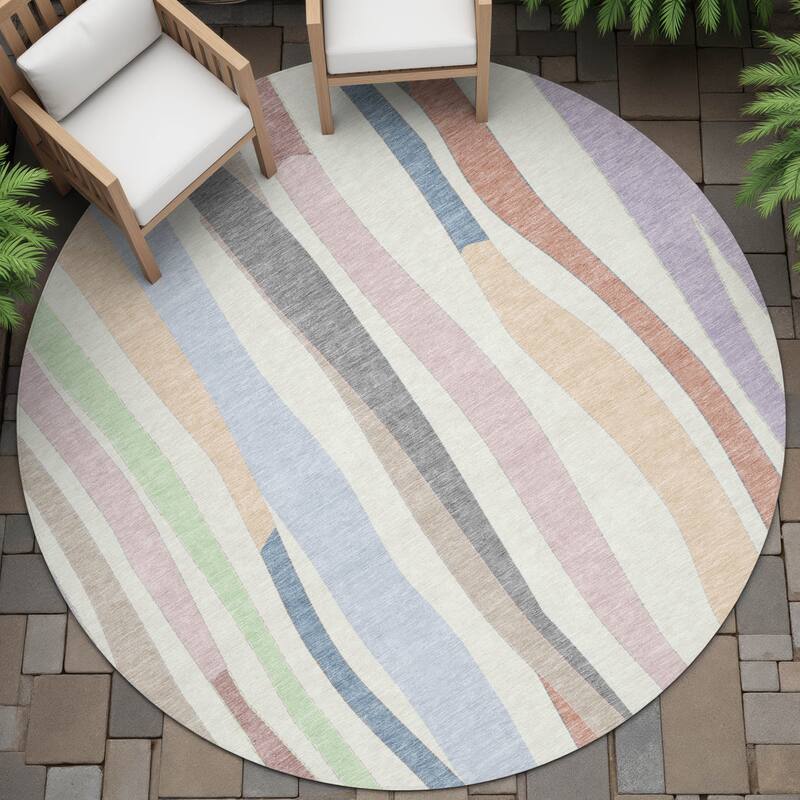 Machine Washable Indoor/Outdoor Modern Stripes Chantille Rug - Pearl - 8' x 8'