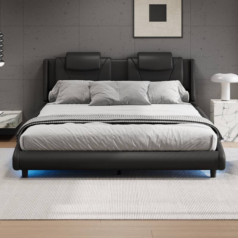 Modern Full Size PU Upholstered Platform Bed Frame with LED Lights and Adjustable Headboard, No Box Spring Needed