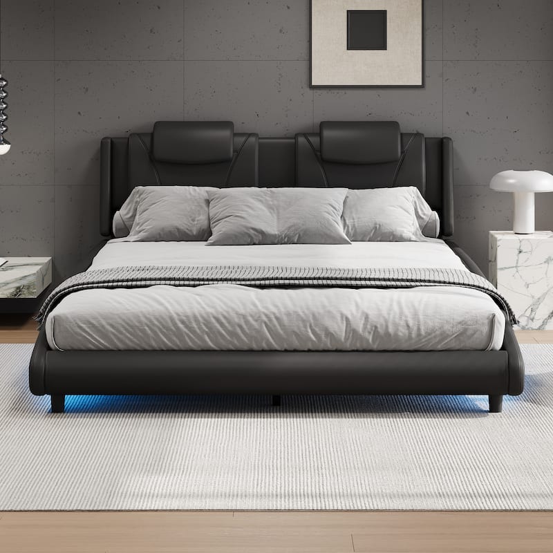 Modern Queen Size PU Upholstered Platform Bed Frame with LED Lights and Adjustable Headboard, No Box Spring Needed - Black