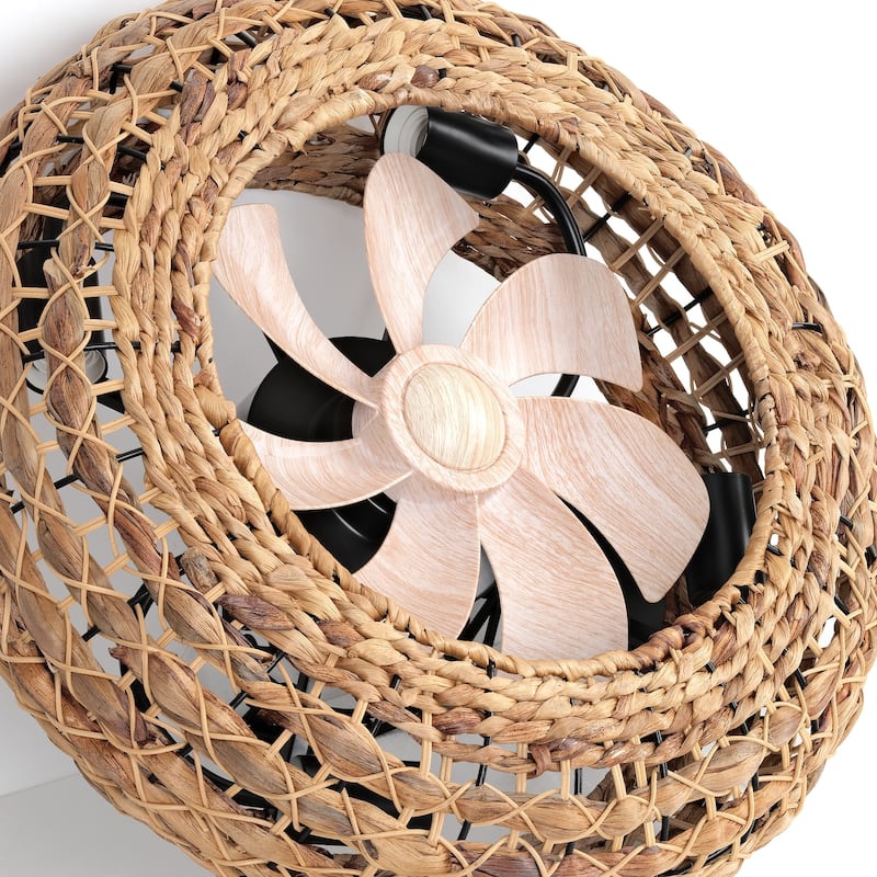 20 in. Indoor Rattan 100-240 V Flush Mount Farmhouse Rattan Cage Ceiling Fan with Light - 19.7 Inches