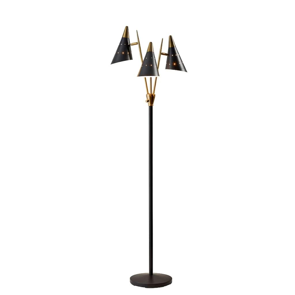 Black Metal Floor Lamp with 3 Black Cone Shades Gold Accents Rotary Switch - 19” x 22” x 66” (D x W x H)