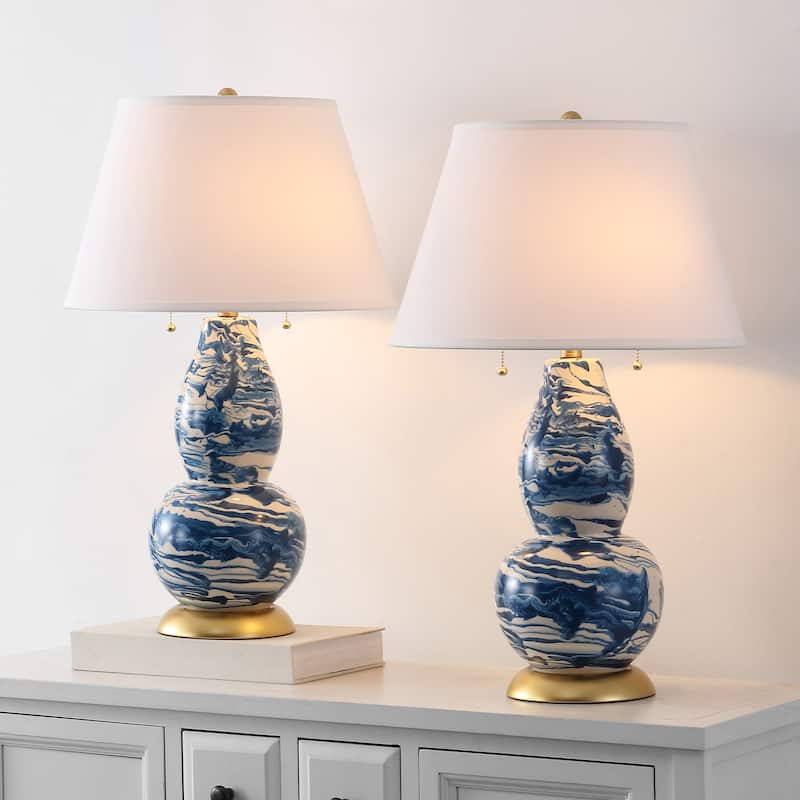 SAFAVIEH Lighting Sebrina 29-inch Navy And White Color Swirls Glass Table Lamp (Set of 2) - 17"x17"x28" - 17Wx17Dx28H