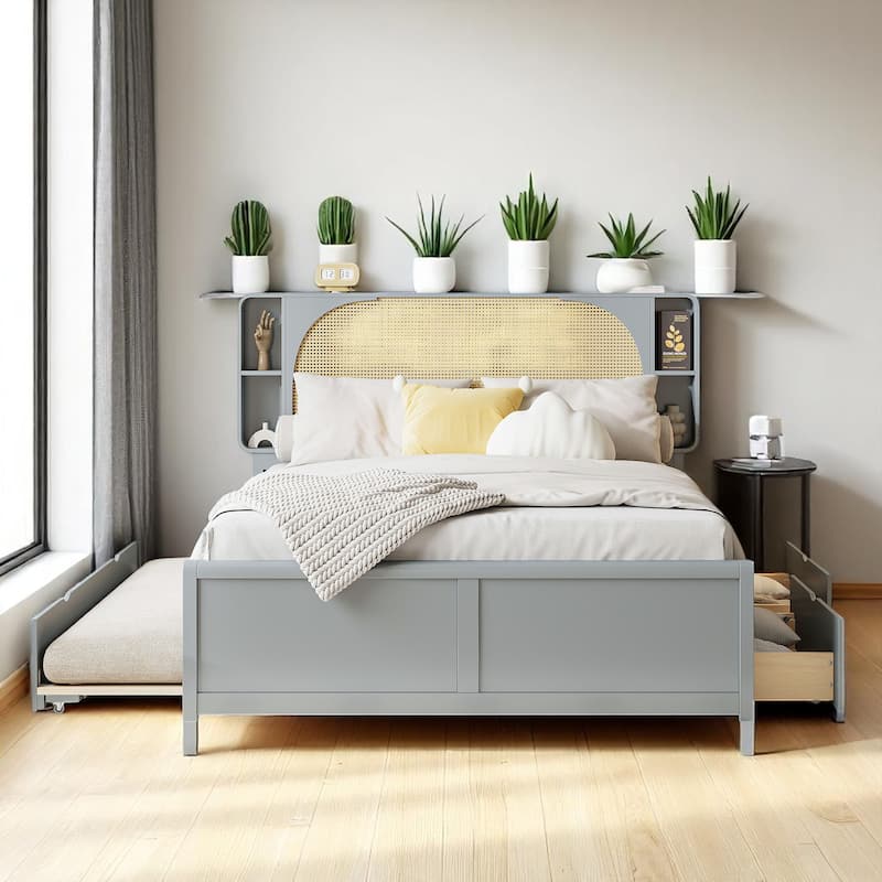 Queen Size Rattan Headboard Bed with Storage Drawers and Pull-Out Trundle, Wood Frame with Organizer Shelves - Grey - Queen