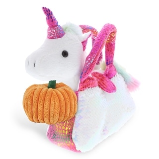 DolliBu Plush Pet Carrier Pink Unicorn Stuffed Animal w/ Pumpkin Decor - 9 inches