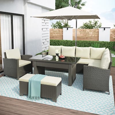 Oaks Aura Patio Rattan Wicker Sofa Set, 6-Piece Outdoor Conversation Set, Dining Table Chair with Bench and Cushions