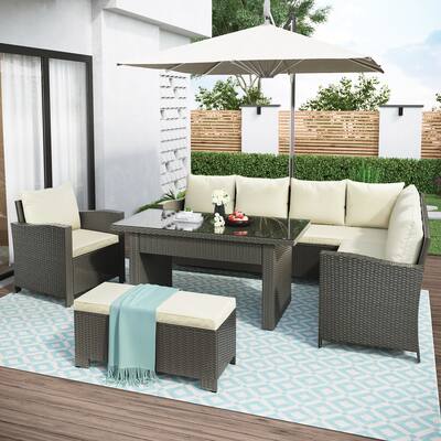 Outdoor Patio Furniture Sectional Sofa Set with Dining Table, Chairs, Bench, Comfortable Cushions