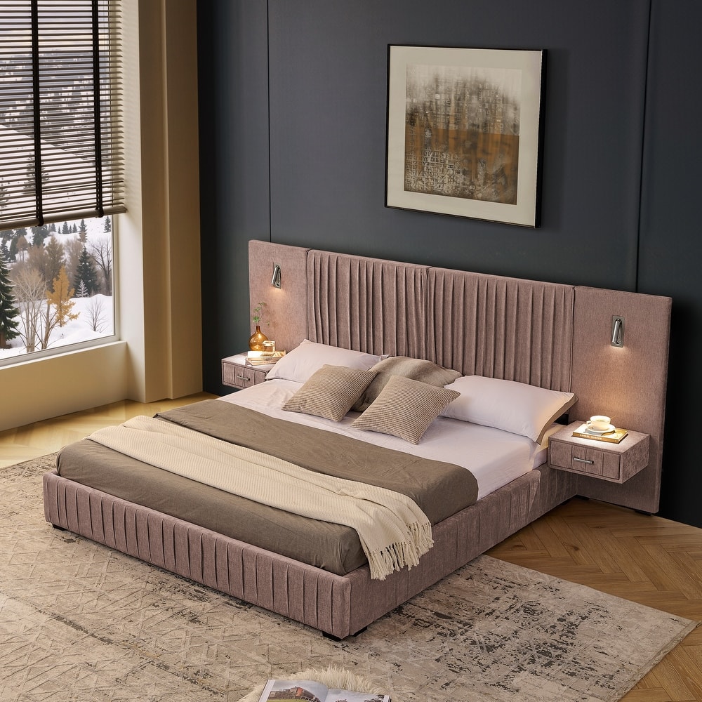 Chenille Upholstered Pleated Platform Bed Frame Wingback Headboard with Side Tables and Adjustable Lamps